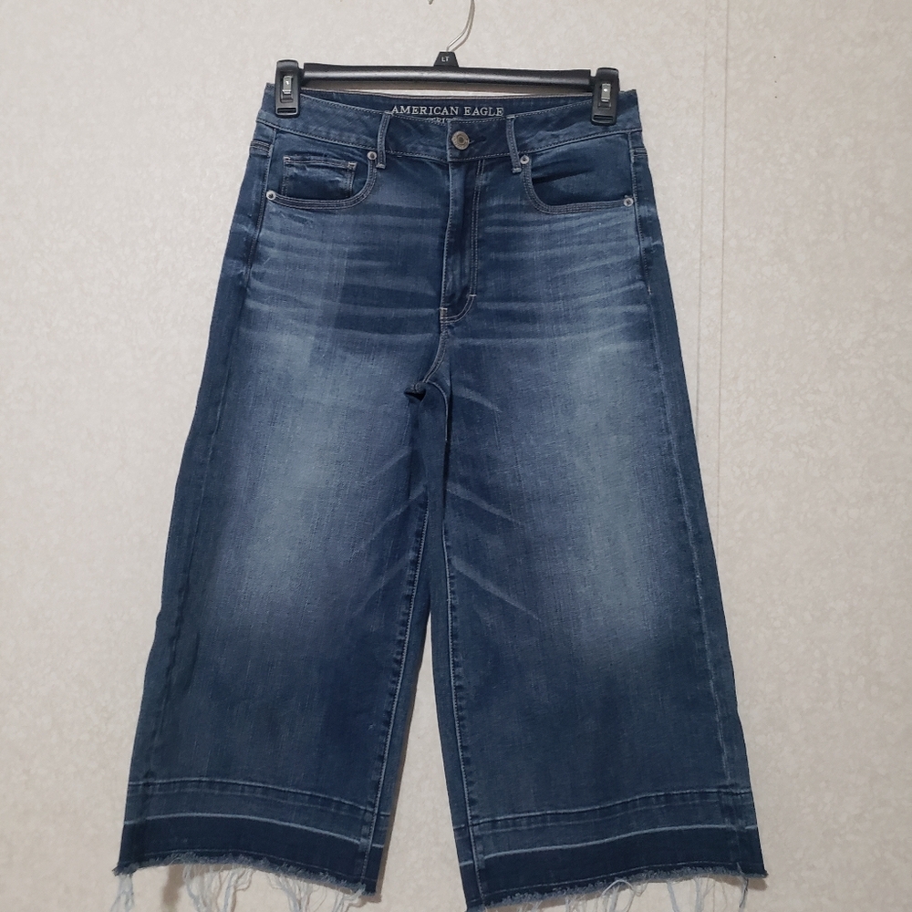 American Eagle Outfitters Women's Blue Crop Wide-Leg Jeans size:8 regular